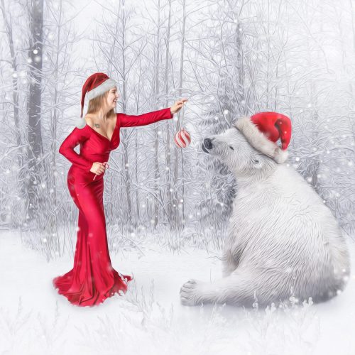 Polarbear-Christmas-Girl-Woman-Red-Dress-Winter-Snow-Ornament-Peppermint-Santa-Hat-scaled.jpg